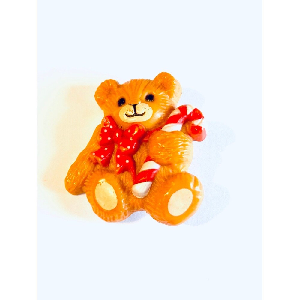 1982 "LUCY RIGG" ENESCO TEDDY BEAR PIN, RED BOW WITH CANDY CANE BEAR PIN
